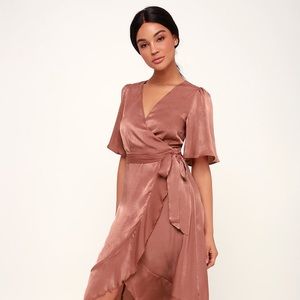 Wrapped Up in Love Mauve Satin Wrap Midi Dress